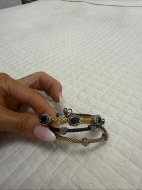 Source Unknown Two-Tone Cable Wire Bracelets with Heart and Gem Accents